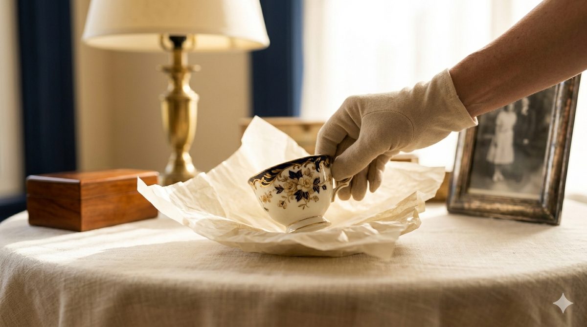 Gloved hands carefully wrapping a vintage teacup for estate sale